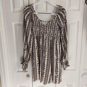 Heyson L  boho smocked long sleeve mini dress, black cream floral stripe